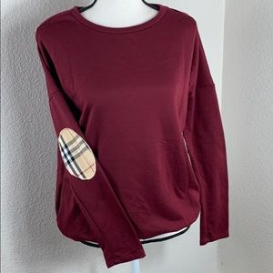 Brenda’s  long sleeve top burgundy & plaid patches